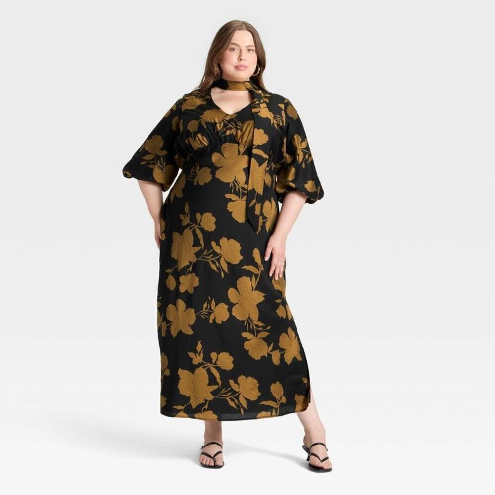 Women's Tie Neck Maxi Dress - A New Day Black/Brown Floral 3X